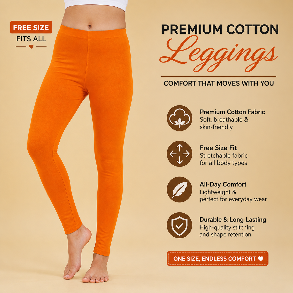 Premium Cotton Lycra Stretch Leggings – Bright Orange