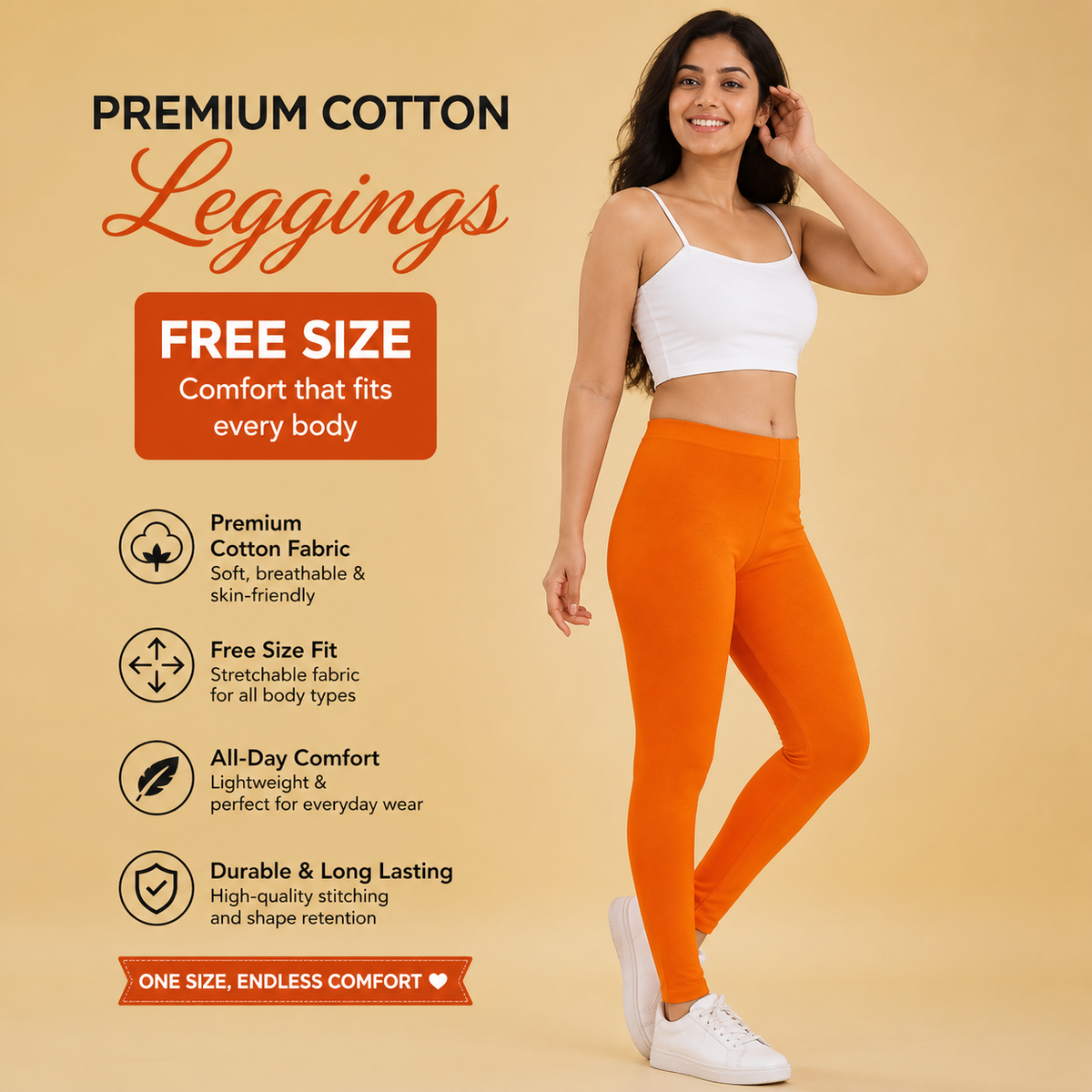 Premium Cotton Lycra Stretch Leggings – Bright Orange