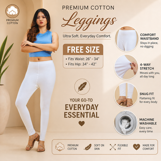 Woman wearing white leggings with product information on a beige background