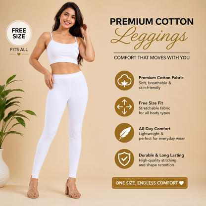 Woman wearing white leggings with product features on a beige background