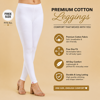 White leggings with promotional text and icons on a beige background