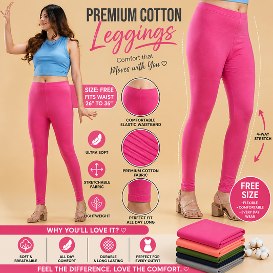 Pink leggings with promotional text and features on a beige background