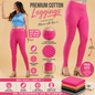 Pink leggings with promotional text and features on a beige background