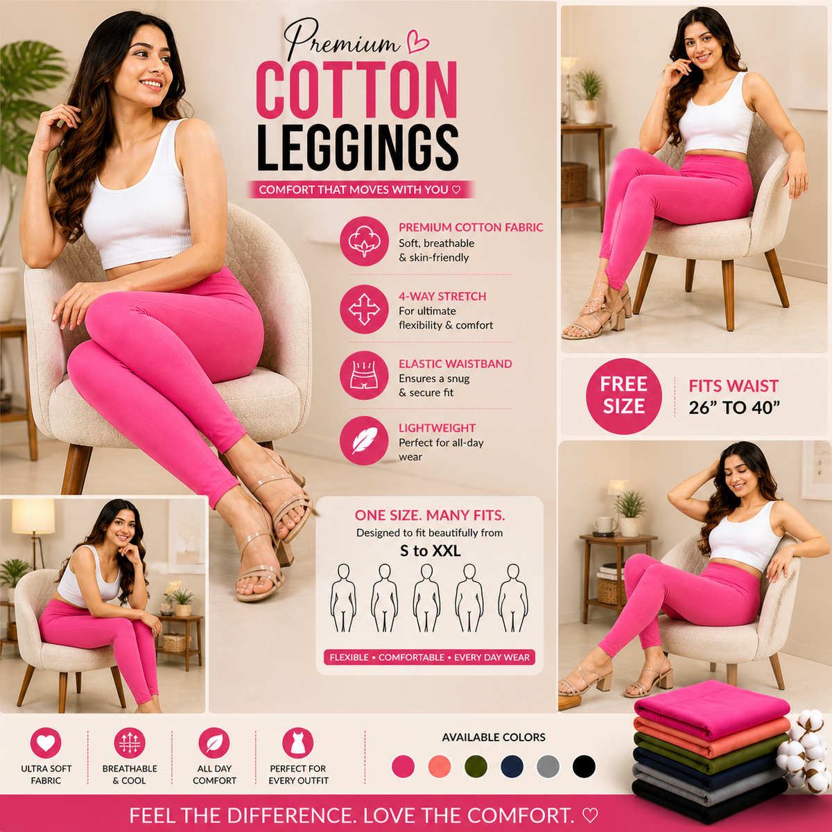 Premium Cotton Lycra Stretch Leggings – Hot Pink