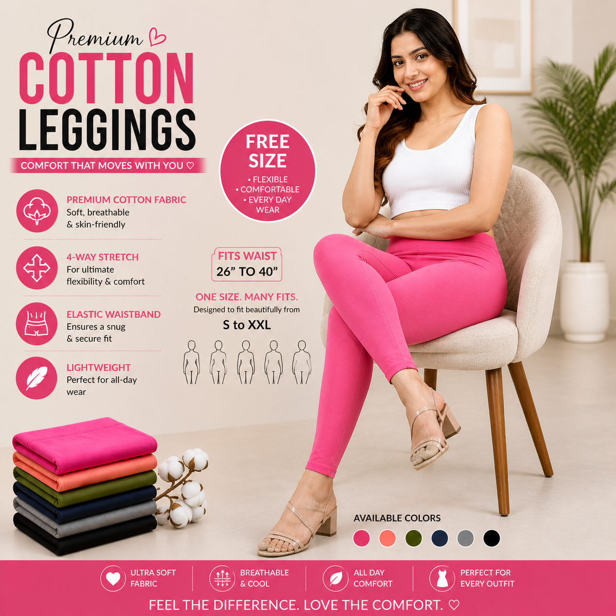 Premium Cotton Lycra Stretch Leggings – Hot Pink