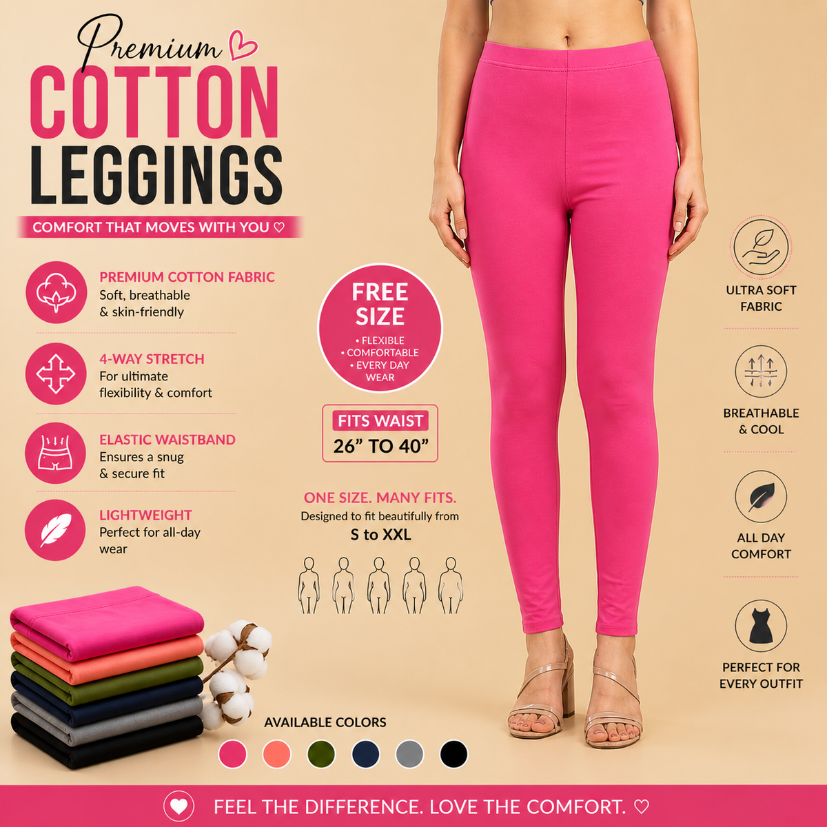Premium Cotton Lycra Stretch Leggings – Hot Pink