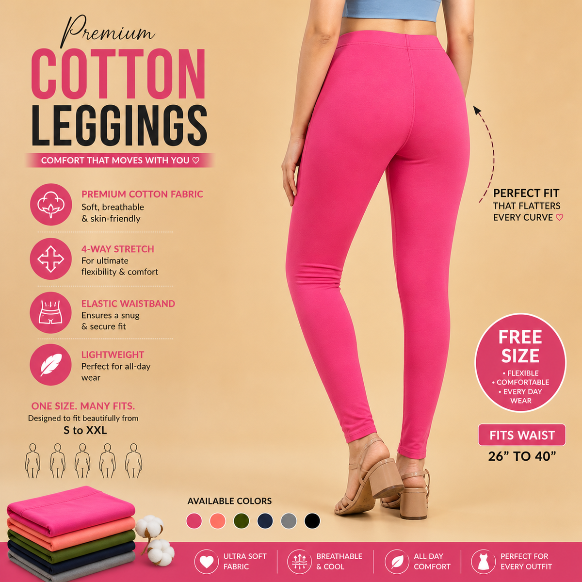 Premium Cotton Lycra Stretch Leggings – Hot Pink