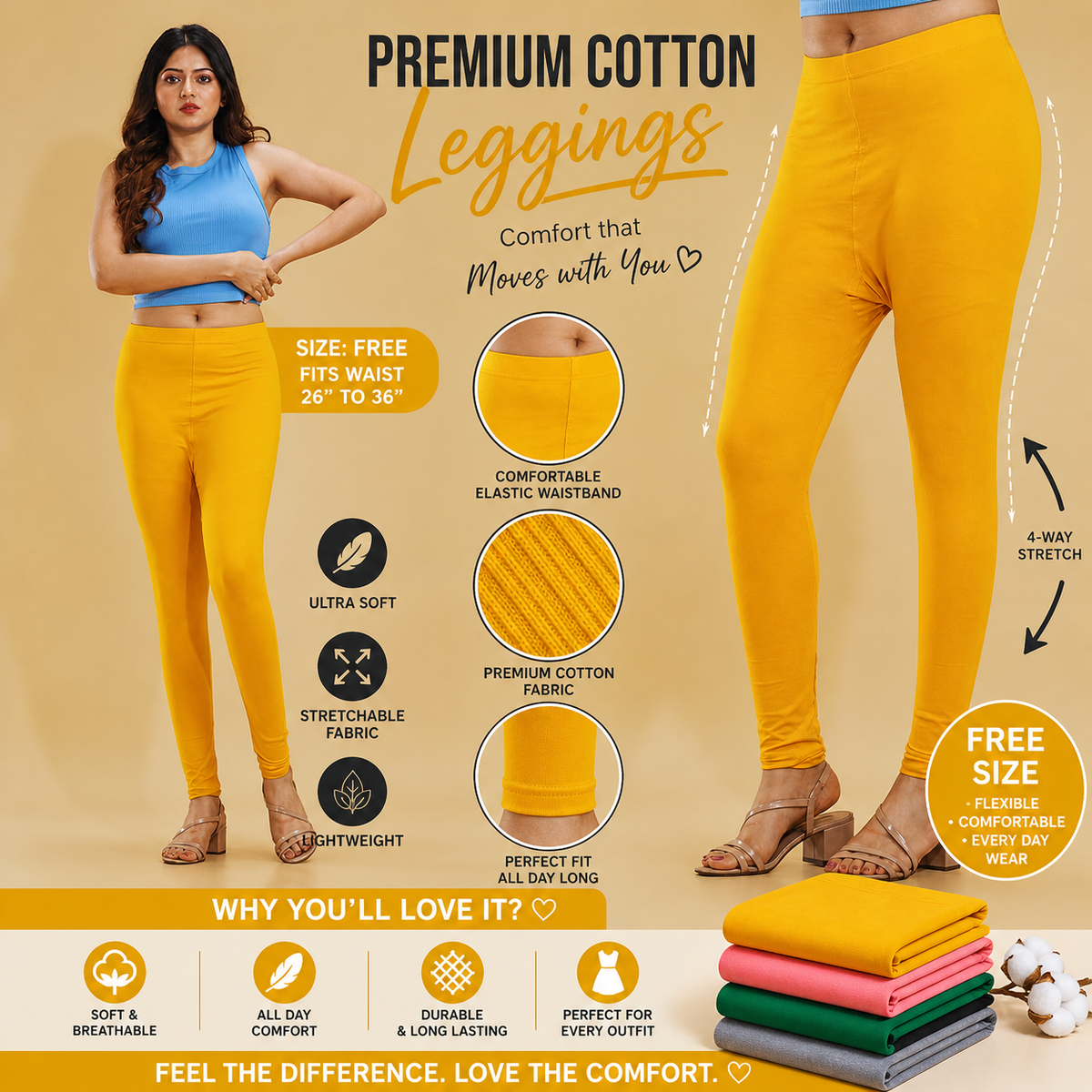 Premium Cotton Stretch Leggings – Mustard Yellow