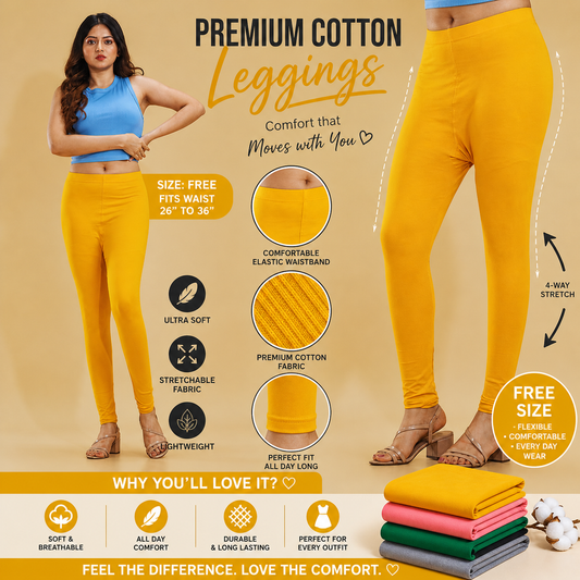 Yellow leggings with product features and benefits on a beige background