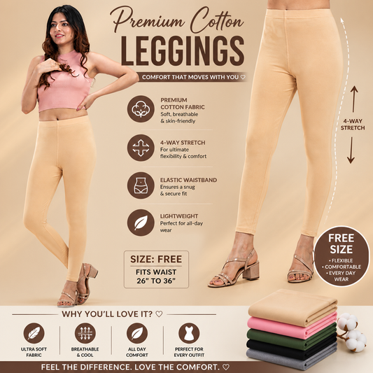 Beige leggings with promotional text and images of a woman wearing them.