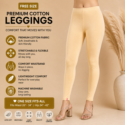 Beige leggings with features listed on a beige background