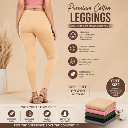 Beige leggings being worn with product features highlighted on a beige background