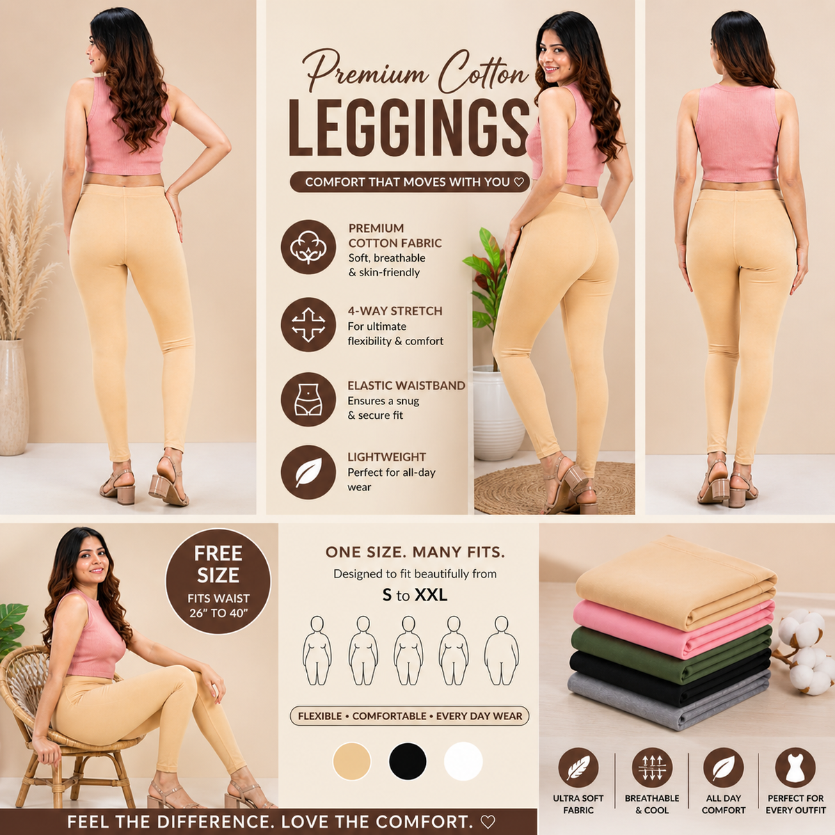 Premium Cotton Stretch Leggings – Skin Tone Comfort Fit