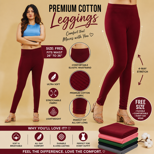 Promotional image of maroon leggings with features and benefits on a beige background
