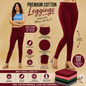 Promotional image of maroon leggings with features and benefits on a beige background