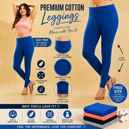 Promotional image of blue leggings with features and benefits highlighted on a beige background.