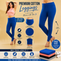Promotional image of blue leggings with features and benefits highlighted on a beige background.