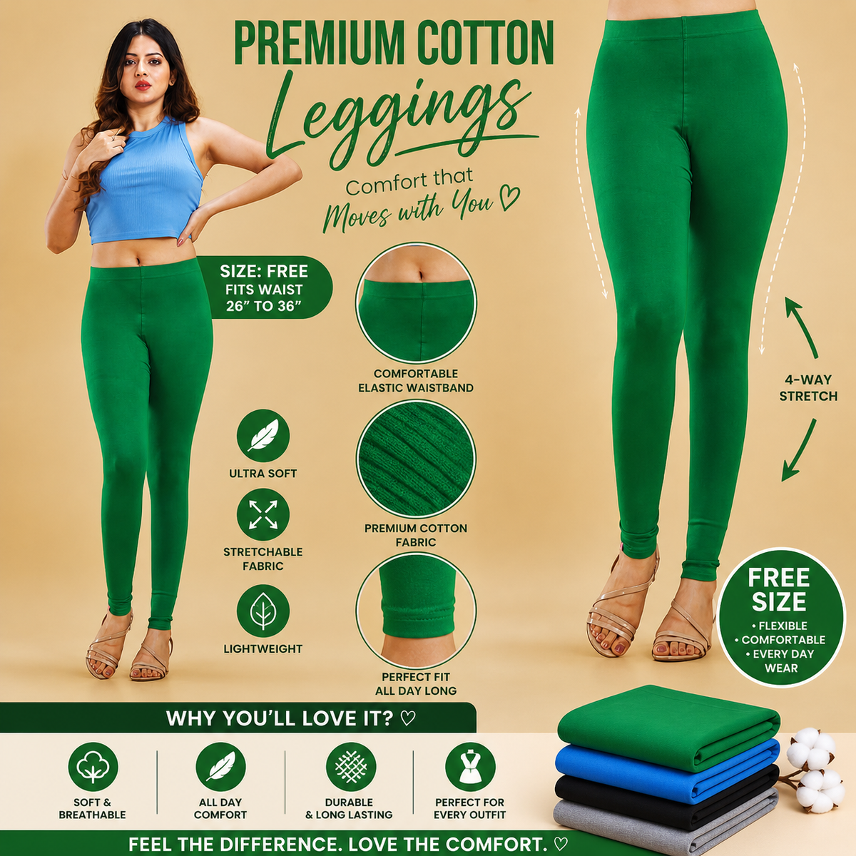 Premium Cotton Stretchable Full Length Leggings for Women – Green