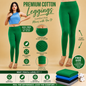 Green leggings with product features and benefits on a beige background