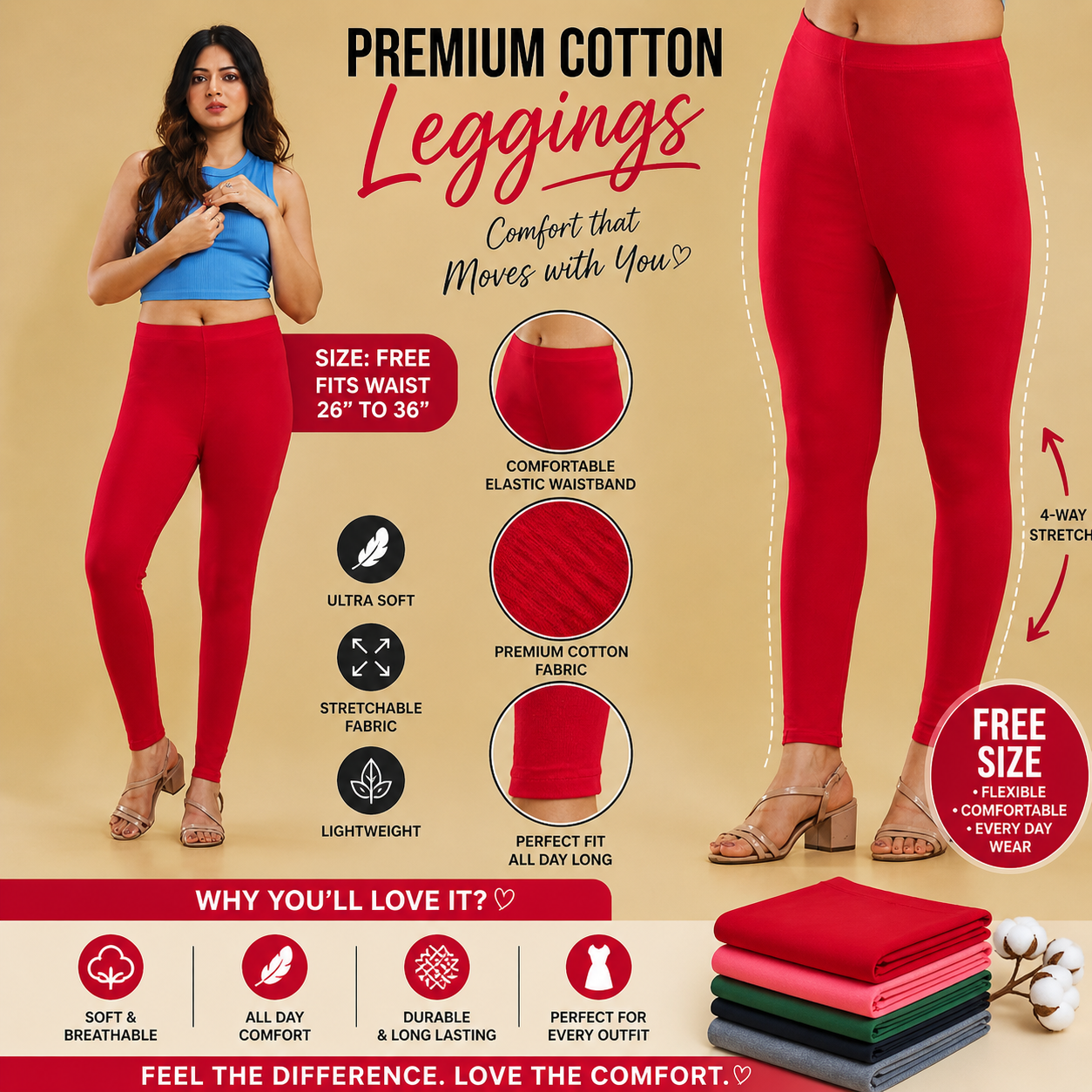 Red leggings with promotional text and features on a beige background