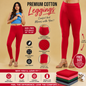 Red leggings with promotional text and features on a beige background
