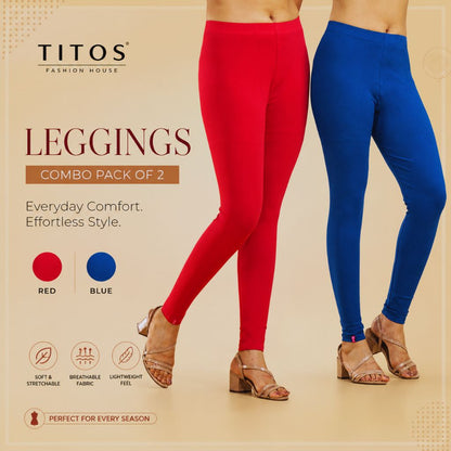 Two pairs of leggings, one red and one blue, from TITOS on a beige background.