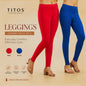 Two pairs of leggings, one red and one blue, from TITOS on a beige background.