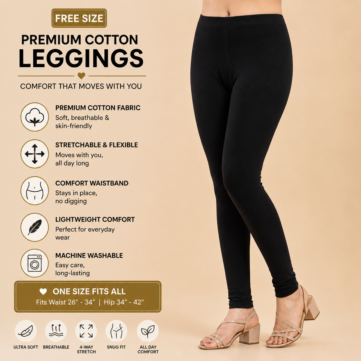 Premium Cotton Stretchable Leggings for Women - Black
