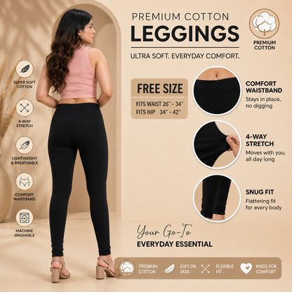 Black leggings with promotional text and images on a beige background
