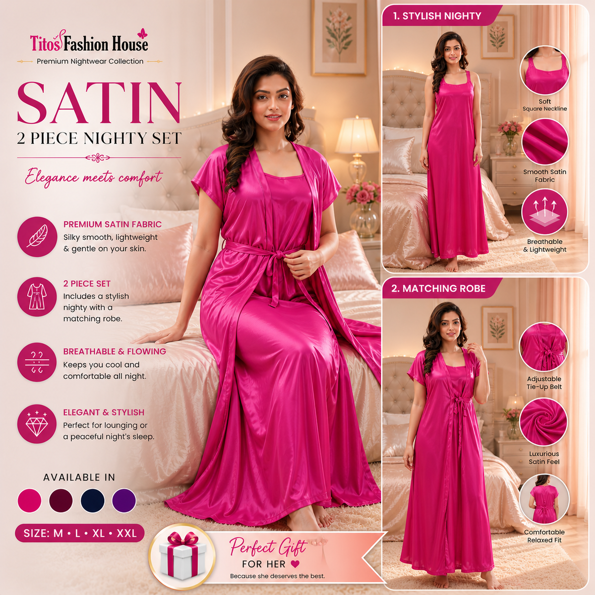 Premium Satin 2 Piece Nighty Set – Elegant Soft Sleepwear for Women