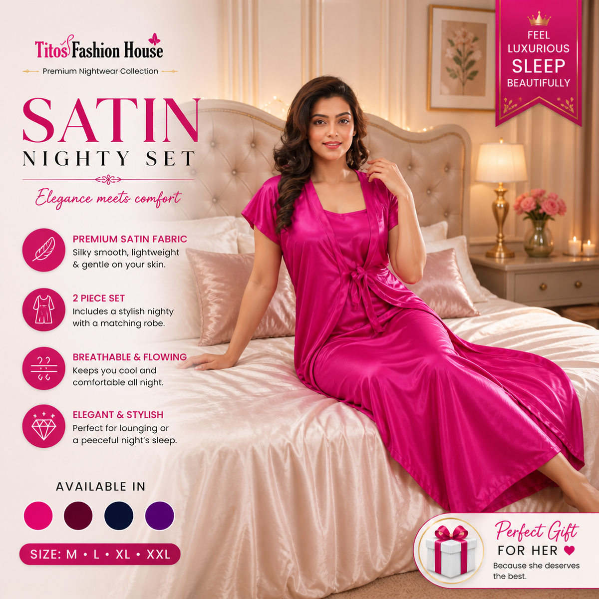 Premium Satin 2 Piece Nighty Set – Elegant Soft Sleepwear for Women