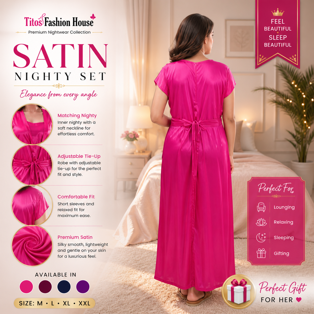 Premium Satin 2 Piece Nighty Set – Elegant Soft Sleepwear for Women