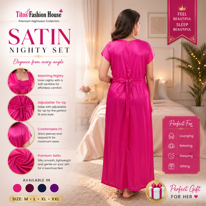 Woman wearing a pink satin nightgown in a bedroom setting with product features highlighted.