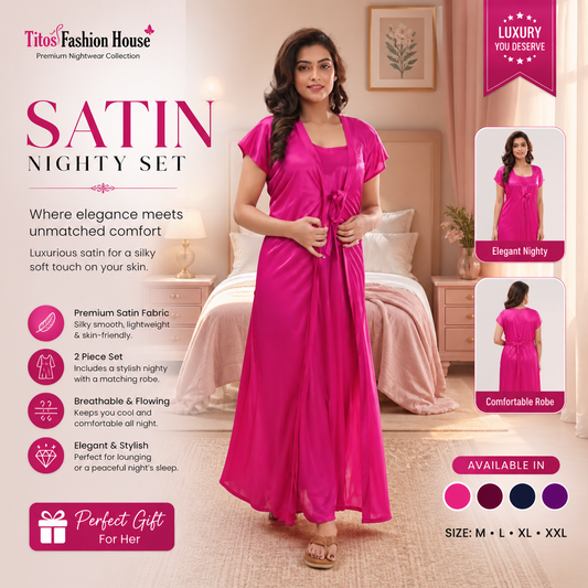 Woman wearing a pink satin nightgown with product details on a bedroom background.