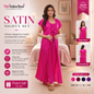 Woman wearing a pink satin nightgown with product details on a bedroom background.