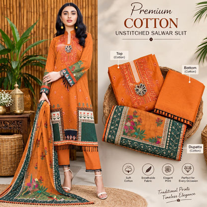 A woman models an orange cotton unstitched salwar suit set with a matching dupatta, alongside folded views of the suit components. The set features intricate floral embroidery, geometric borders, and green panels.