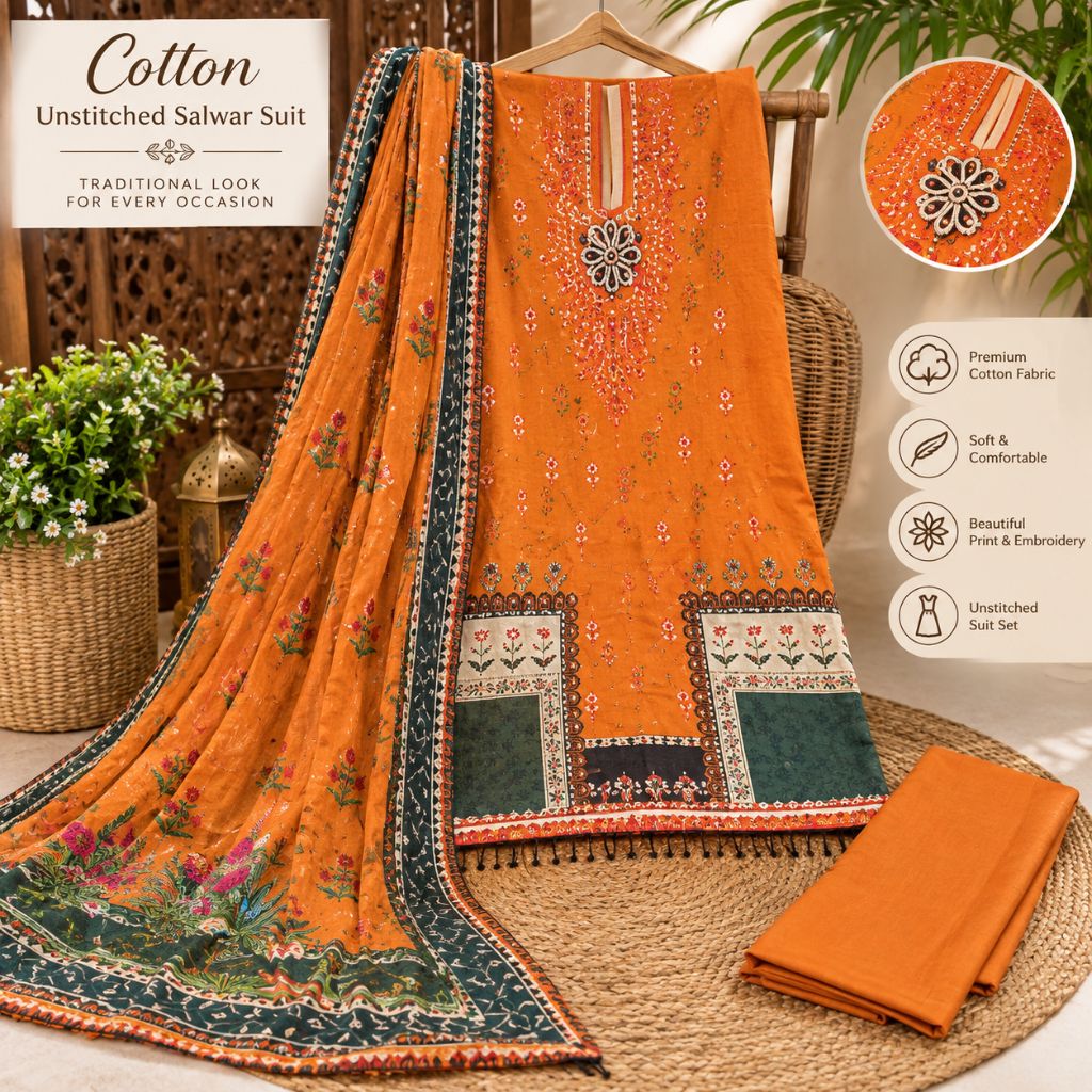 Premium Cotton Unstitched Salwar Suit Set for Women | Orange Printed Cotton Suit with Dupatta | Traditional Ethnic Wear | Festive & Party Wear