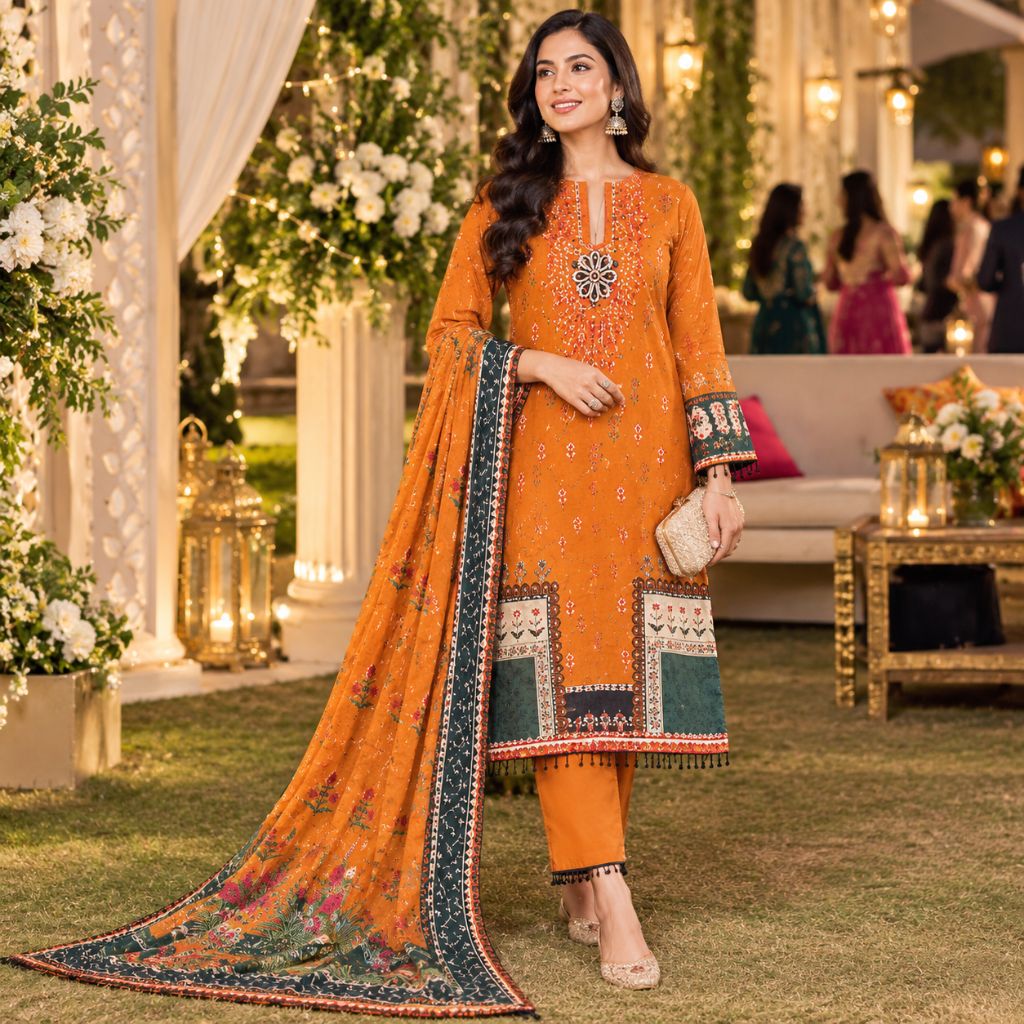 Premium Cotton Unstitched Salwar Suit Set for Women | Orange Printed Cotton Suit with Dupatta | Traditional Ethnic Wear | Festive & Party Wear