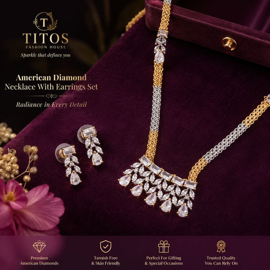 Gold and silver necklace with earrings on a purple velvet background, featuring TITOS Fashion House branding.