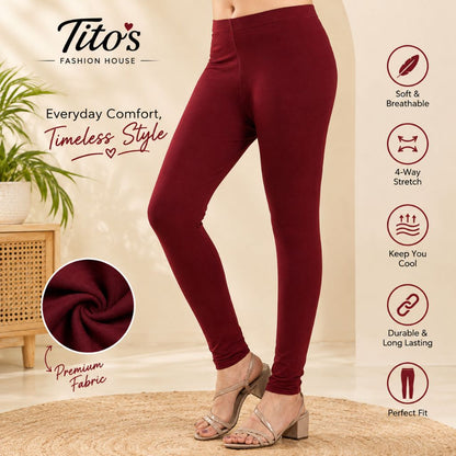 A model wearing Tito's Fashion House burgundy 4-way stretch leggings, shown from the waist down in a styled indoor setting with product feature icons and a fabric swatch inset.