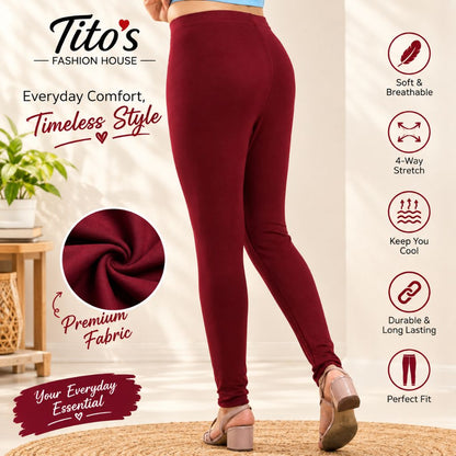 A person wearing burgundy leggings is shown from the waist down in a styled indoor setting with promotional text and feature icons. The image includes the brand name 'Tito's Fashion House' and highlights fabric comfort, stretch, cooling, durability, and fit.