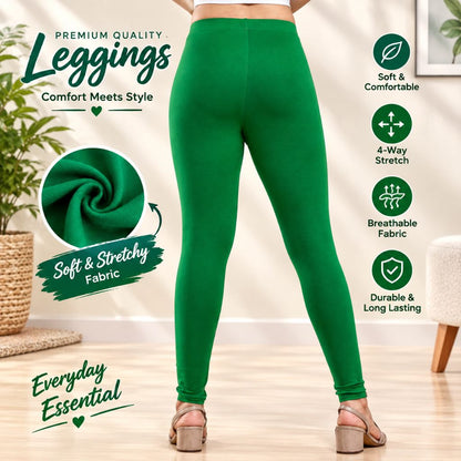 A person shown from the back wearing bright green full-length leggings in a styled indoor setting. The image includes marketing text and icons highlighting soft comfort, stretch fabric, breathability, and durability, plus a fabric swatch inset.