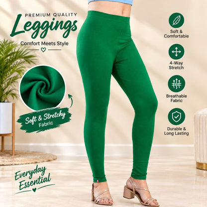 A person modeling bright green high-waisted leggings in a softly styled indoor setting. The image includes marketing text and feature icons on the right, such as Soft & Comfortable, 4-Way Stretch, Breathable Fabric, and Durable & Long Lasting, plus a fabric swatch inset showing the material's stretch.