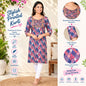 A woman modeling a printed traditional kurta with three-quarter sleeves, shown alongside feature callouts and detail zoom-ins on the right. The kurta has a multicolor geometric pattern in pink, blue, and red with gold embroidery on the neckline.