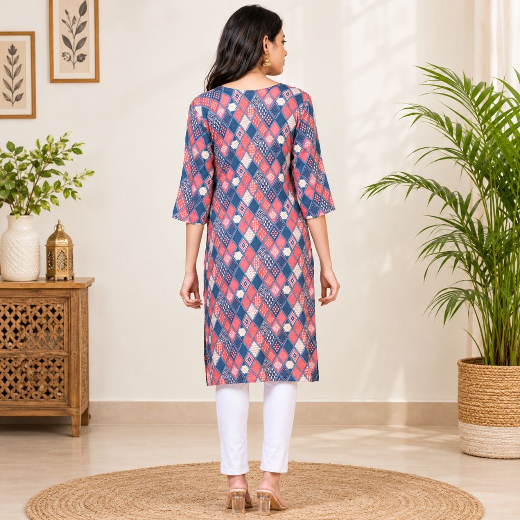A woman stands with her back to the camera wearing a knee-length kurta with a pink, blue, and white argyle pattern, paired with white pants and beige heels, in a styled indoor room.