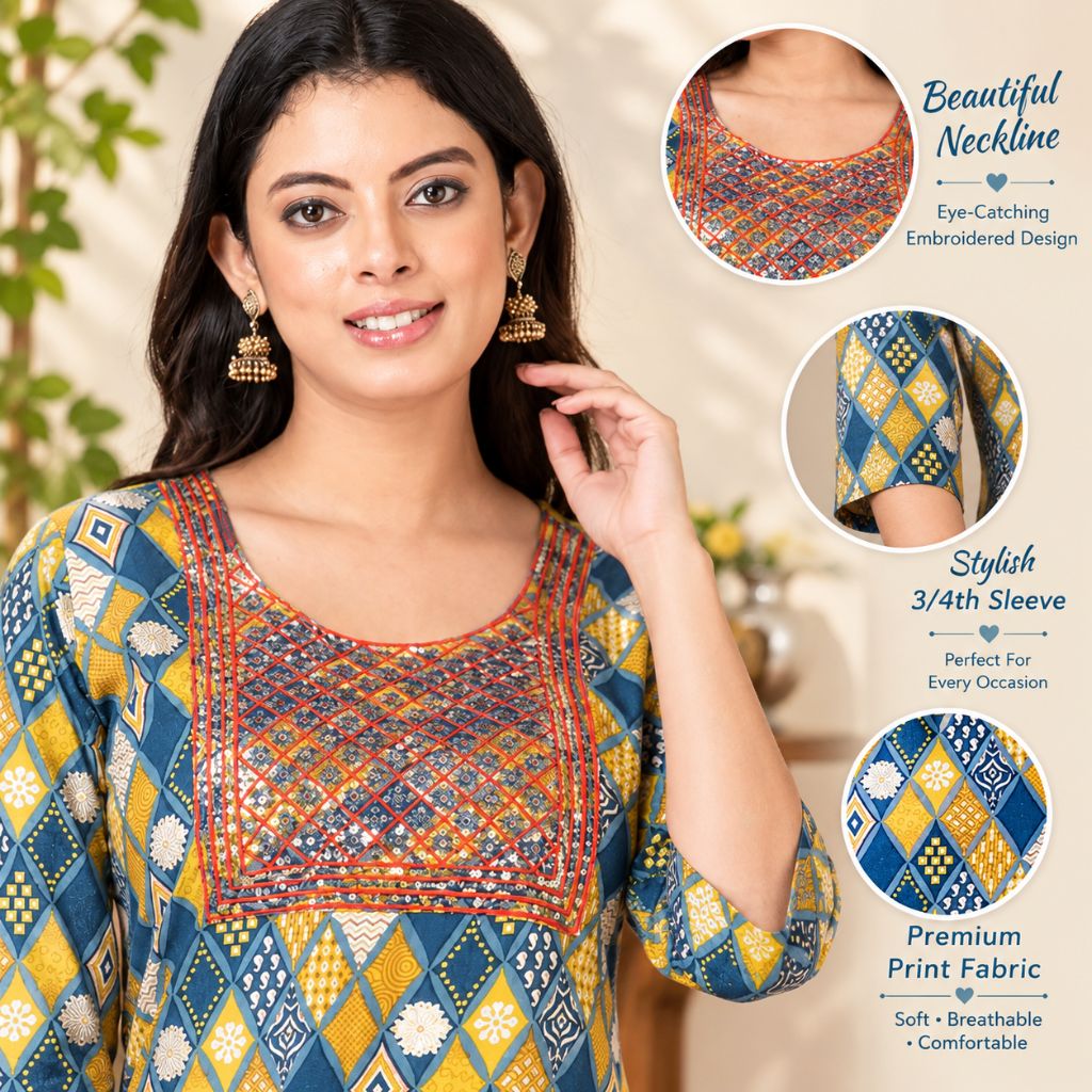 A woman wearing a blue, yellow, and orange patterned embroidered kurta, with three circular inset callouts highlighting the neckline embroidery, 3/4 sleeve detail, and print fabric quality.