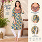 A woman modeling a yellow and blue patterned embroidered kurta with white pants, shown in a styled indoor setting with feature callouts and close-up detail panels on the right.