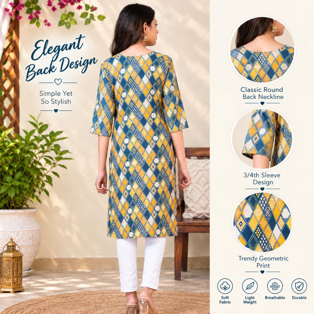 A woman modeling a three-quarter sleeve kurta with a geometric print in navy blue, yellow, and white. The image features a large back view showing the 'Elegant Back Design' with three circular detail callouts on the right highlighting the neckline, sleeve, and print, set against a warm beige background with decorative plants.