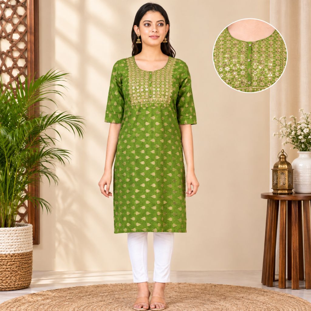 A woman stands indoors wearing a green embroidered kurta with white pants. The kurta has a round neckline with gold-toned embroidery and a repeating small floral or geometric print.