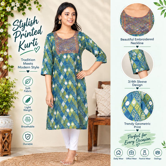 A woman modeling a printed kurta dress with three-quarter sleeves, shown in a styled indoor setting with informational callouts on the left and right. The kurta has a blue, green, and white geometric print with an embroidered neckline.